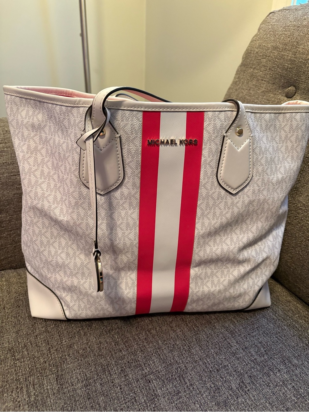 Michael Kors White Tote with Pink Center Stripe